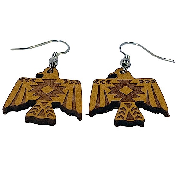 Tribal Aztec style Eagle brown/tan leather embossed dangly earrings NEW - Picture 4 of 7